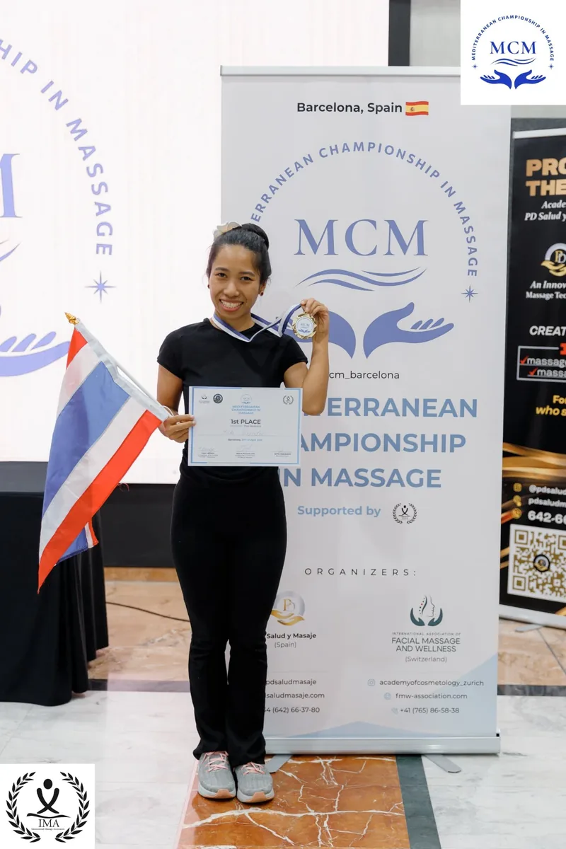 Jinda Jaroendee with the first-place medal and diploma from the Mediterranean Championship in Massage, Barcelona 2025
